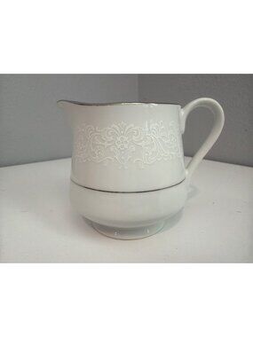 Vtg Rose China Creamer White Spanish Lace w/Silver Trim Classic Elegant Timeless